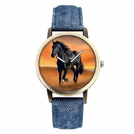 Casual Black Horse Desert Dial All-Match Denim Strap Herre Kvartsklokke Armbåndsur