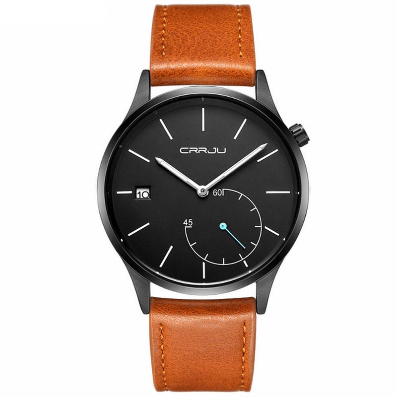 Crrju 2129 Kalender I Hverdagsstil Herre Armbåndsur Lærreim Working-Dials Quartz Klokker