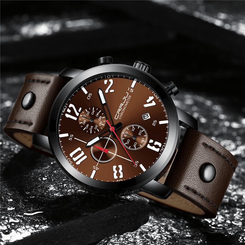 Crrju 2215 Chronograph Casual Style Menn Armbåndsur Lysende Display Kvartsklokke