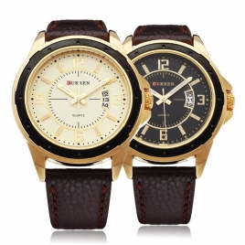 Curren 8124 Black Gold Date Sport Leather Round Herrearmbåndsur