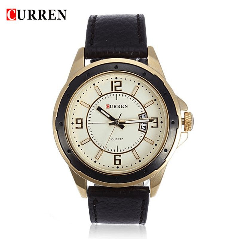 Curren 8124 Black Gold Date Sport Leather Round Herrearmbåndsur