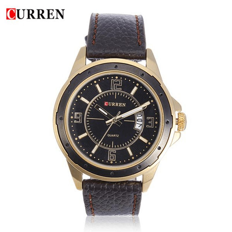 Curren 8124 Black Gold Date Sport Leather Round Herrearmbåndsur