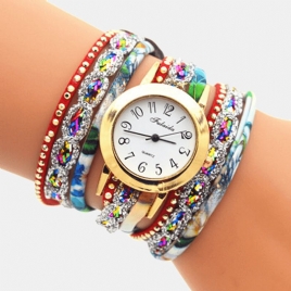 Deffrun Vintage Fargerik Utskrift Kvinner Armbånd Watch Multi-Layer Metal Rhinestone Pu Kvartsklokke