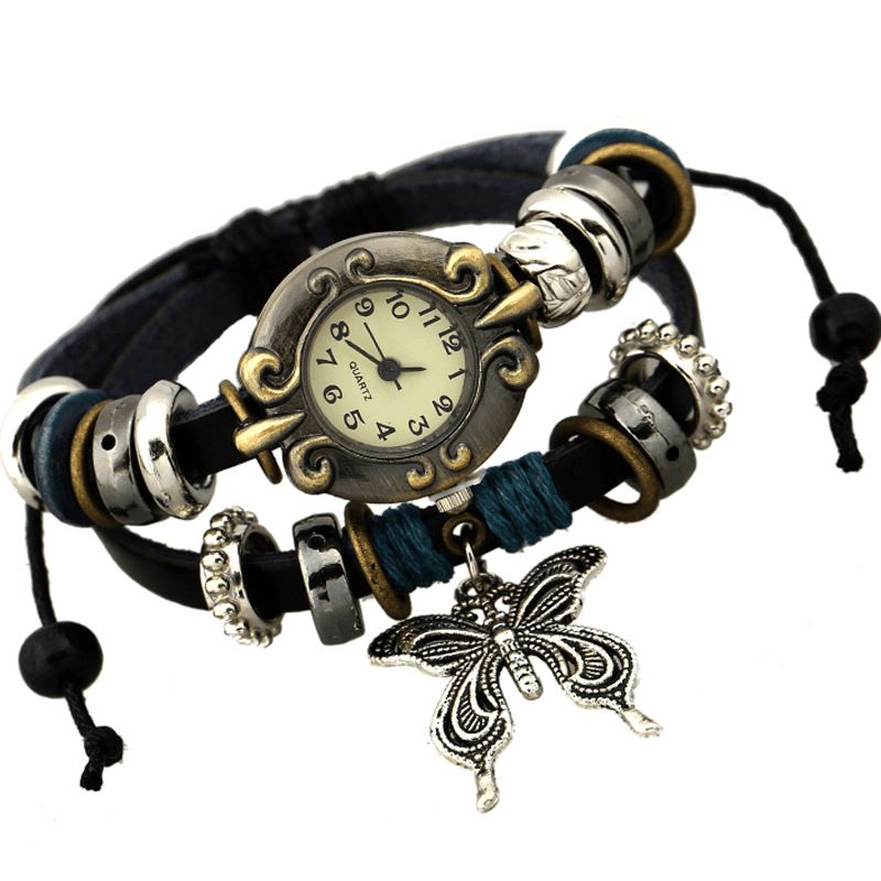 Deffrun Vintage Multilayer Cow Leather Dame Armbånd Watch Butterfly Pendant Kvartsklokke