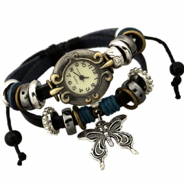 Deffrun Vintage Multilayer Cow Leather Dame Armbånd Watch Butterfly Pendant Kvartsklokke