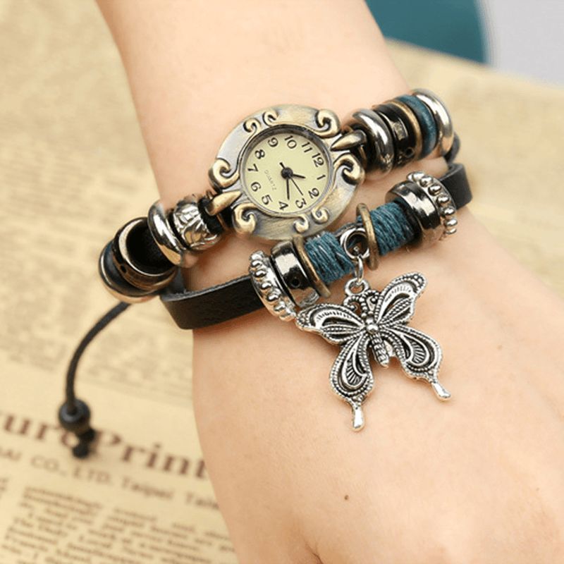 Deffrun Vintage Multilayer Cow Leather Dame Armbånd Watch Butterfly Pendant Kvartsklokke