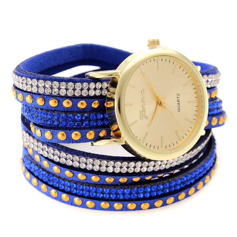 Duoya Casual Style Crystal Dame Armbåndsklokke Luksus Fine Leather Winding Kvarts Klokker