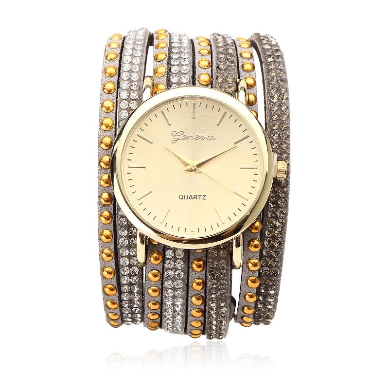 Duoya Casual Style Crystal Dame Armbåndsklokke Luksus Fine Leather Winding Kvarts Klokker