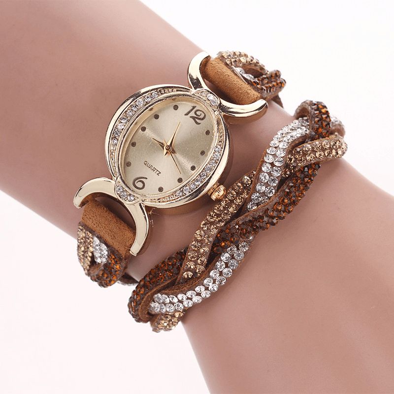 Duoya D014 Rhinestones Elegant Dame Klokke Lærreim Armbånd Klokker