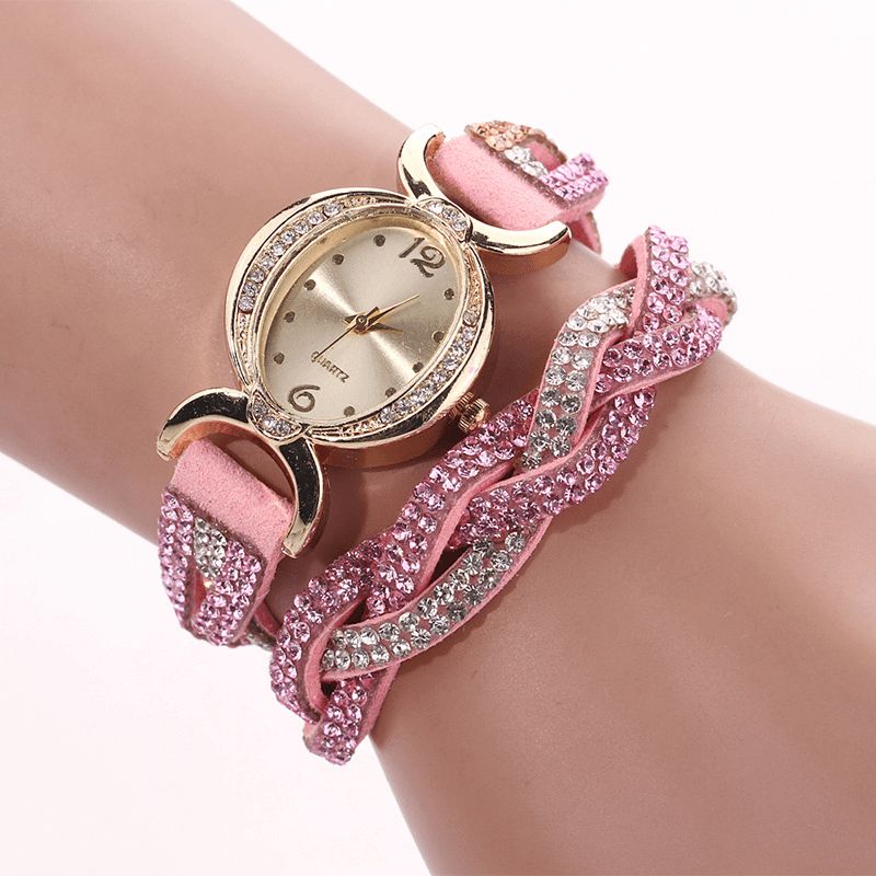 Duoya D014 Rhinestones Elegant Dame Klokke Lærreim Armbånd Klokker