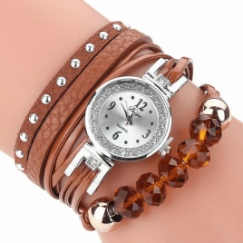 Duoya D214 Crystal Casual Style Dame Armbånd Watch Gave Lærreim Kvartsklokke