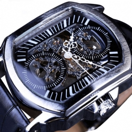 Forsining Gmt911 Fashion Herre Watch Hollow Engraving Design Leather Strap Mechanical Watch