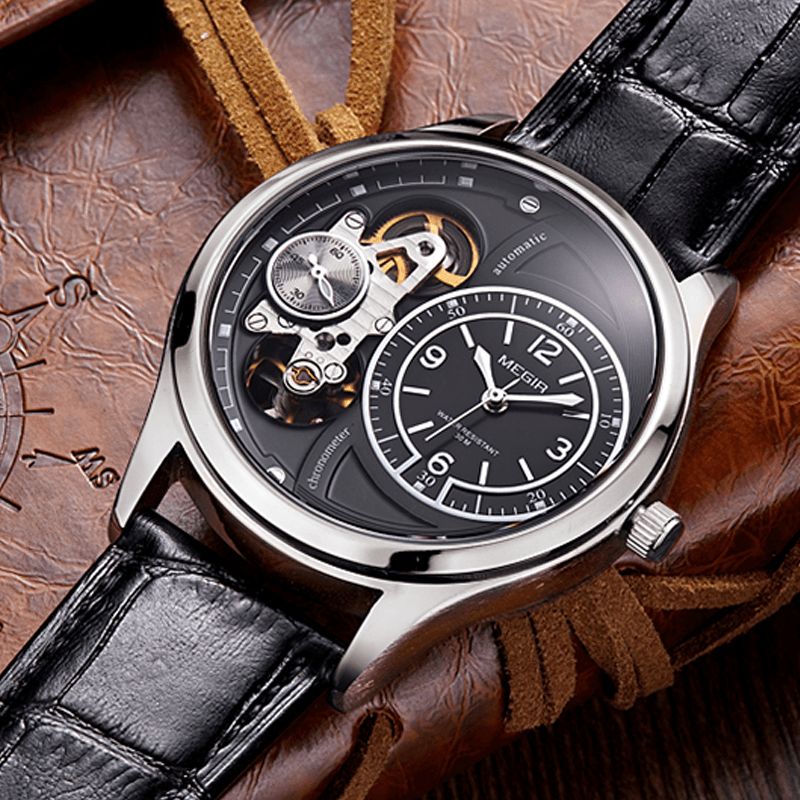 Megir 2017G Business Style Herre Armbåndsur Hollow Dial Automatisk Mekanisk Klokke