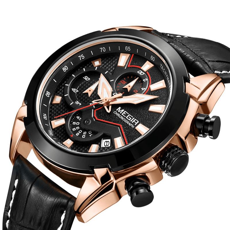 Megir 2065 Sportsklokker Creative Chronograph Quartz Leather Strap Herreklokke