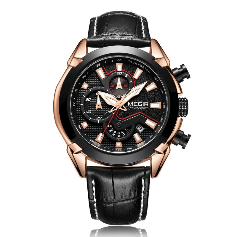 Megir 2065 Sportsklokker Creative Chronograph Quartz Leather Strap Herreklokke