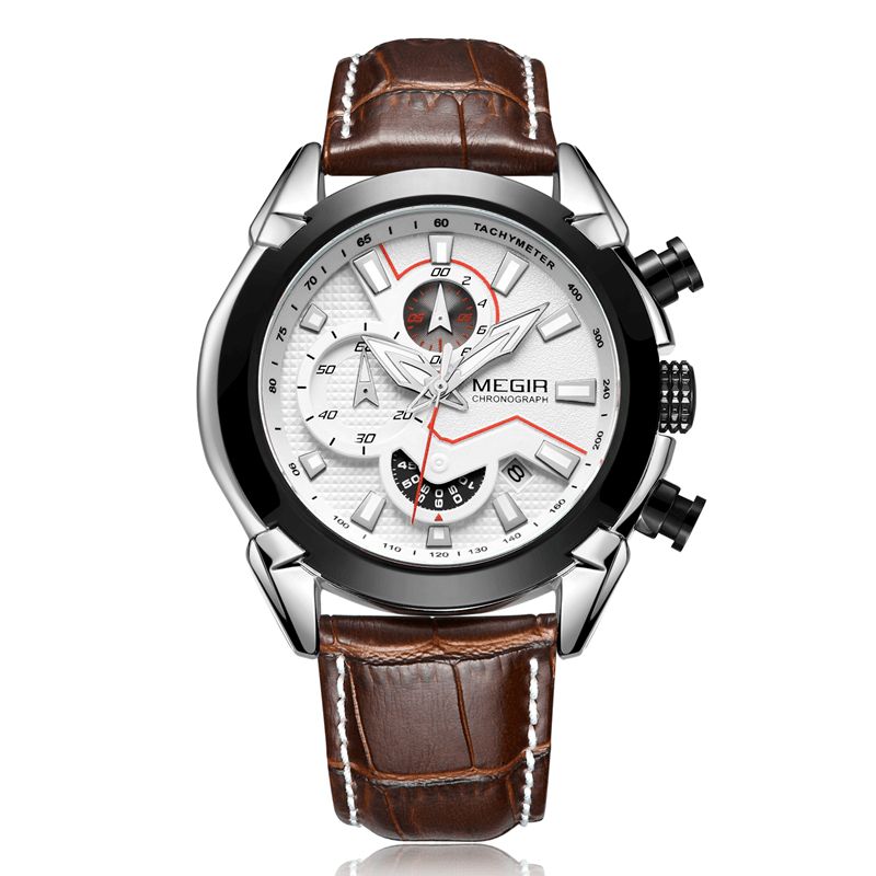 Megir 2065 Sportsklokker Creative Chronograph Quartz Leather Strap Herreklokke