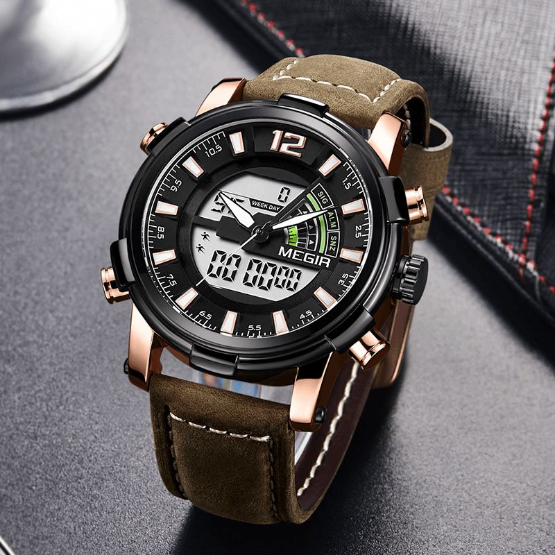 Megir 2089 Military Sports Style Led Chronograph Luminous Dual Display Digital Watch Lær Armbåndsur For Menn