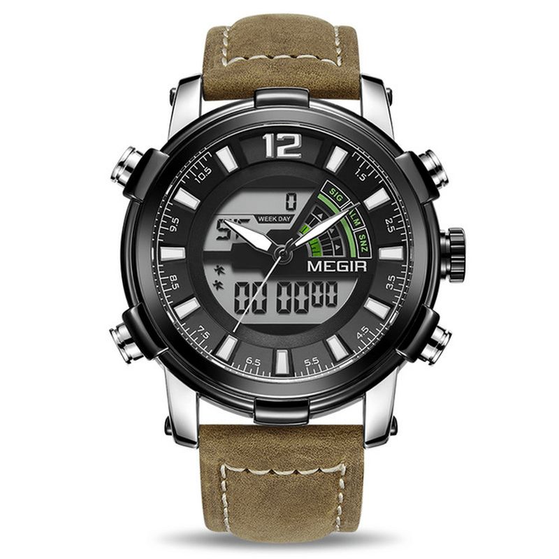 Megir 2089 Military Sports Style Led Chronograph Luminous Dual Display Digital Watch Lær Armbåndsur For Menn