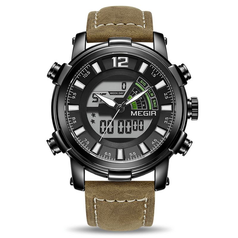 Megir 2089 Military Sports Style Led Chronograph Luminous Dual Display Digital Watch Lær Armbåndsur For Menn