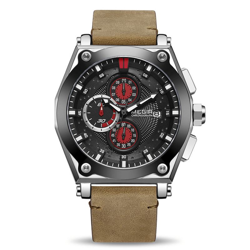 Megir 2098 Sports Chronograph Date Vanntett Kvartsklokke Lærreim Herrearmbåndsur