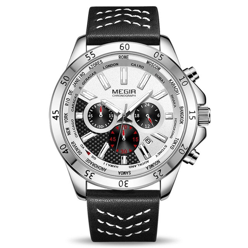 Megir 2103 Military Chronograph Calendar Luminous Herre Armbåndsur Lærreim Kvartsklokke