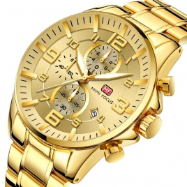 Mini Focus Mf0278G Royal Golden Stainless Steel Chronograph Business Kvartsklokke Herrearmbåndsur