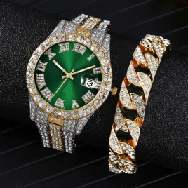 Mote 2 Stk Sett Alloy Diamond Business Watch Dekorert Pointer Kvartsklokke Armbånd