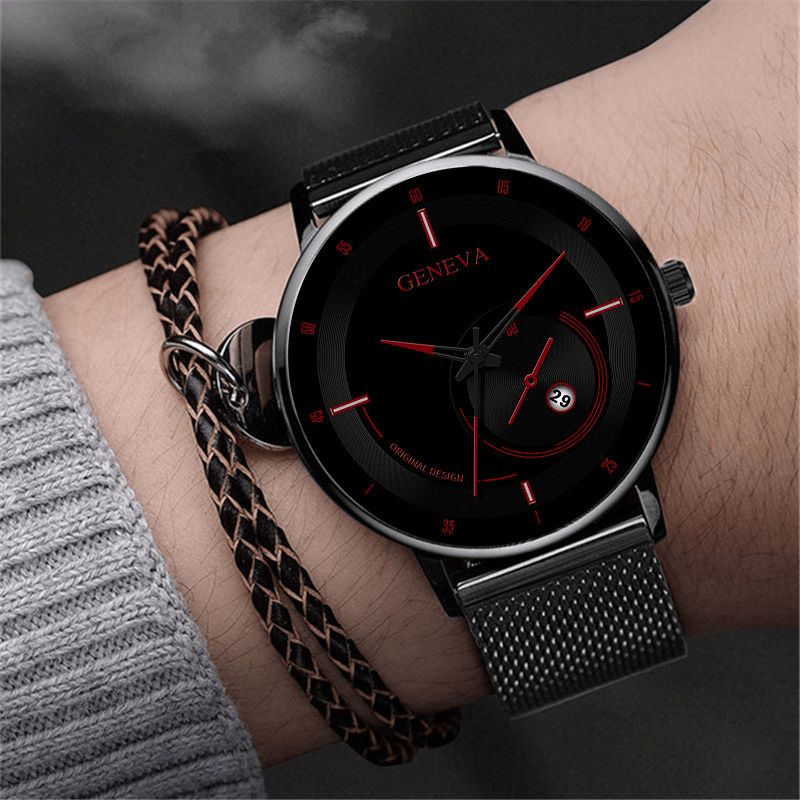 Mote Casual Legering Stål Business Casual Mesh Belte Kalender Mann Kvartsklokke
