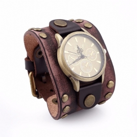 Mote Punk Vintage Ekte Skinn Menn Kvartsklokke Armbånd Watch