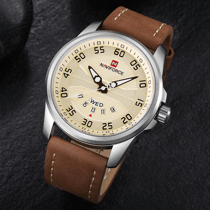 Naviforce Nf9124 Herreklokke Lærreim Enkel Urskive Kvarts-Armbåndsur For Menn