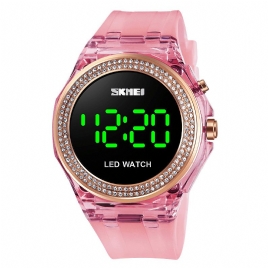 Skmei 1597 Fashion Dame Klokke Diamantskive Transparent Pu Stropp Lysende Display Lady Digital Watch