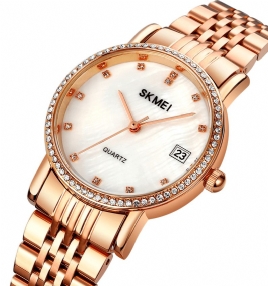 Skmei 1830 Mote Elegant Rhinestone Dekorasjon Shell Mønster Skive Rustfritt Stål Strap 3Atm Vanntett Kvinne Kvarts Klokke