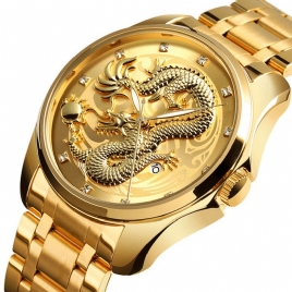 Skmei 9193 Luxury Chinese Dragon Pattern Golden Waterproof Herre Watch Kvartsklokke