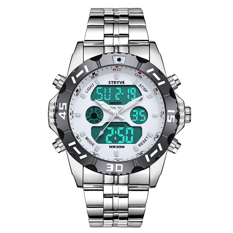 Stryve S8011 Chronograph Alarm Kalender Rustfritt Stål Sport Dual Display Digital Watch