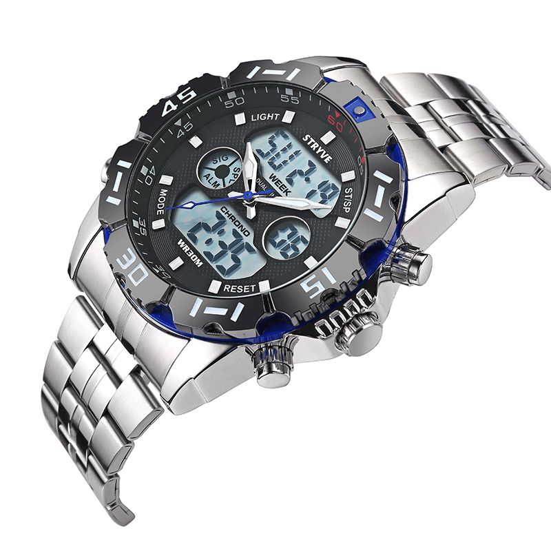 Stryve S8011 Chronograph Alarm Kalender Rustfritt Stål Sport Dual Display Digital Watch