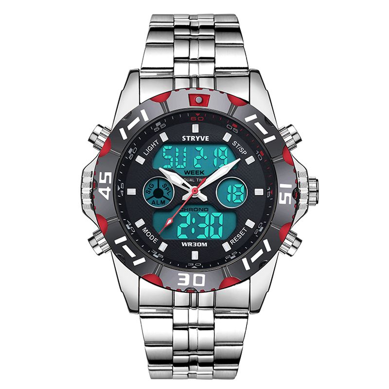 Stryve S8011 Chronograph Alarm Kalender Rustfritt Stål Sport Dual Display Digital Watch