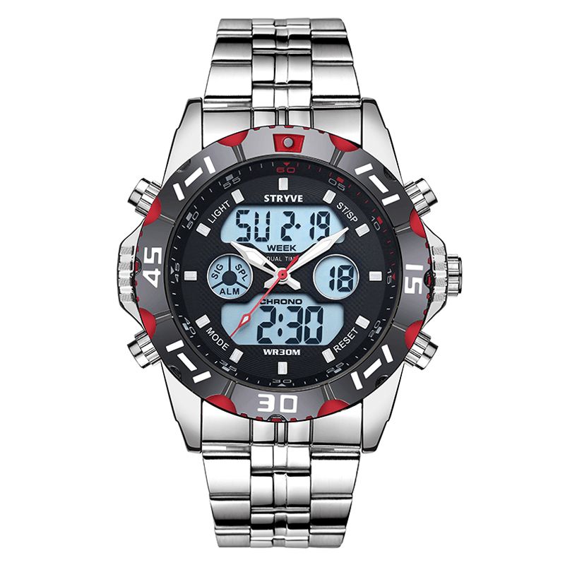 Stryve S8011 Chronograph Alarm Kalender Rustfritt Stål Sport Dual Display Digital Watch