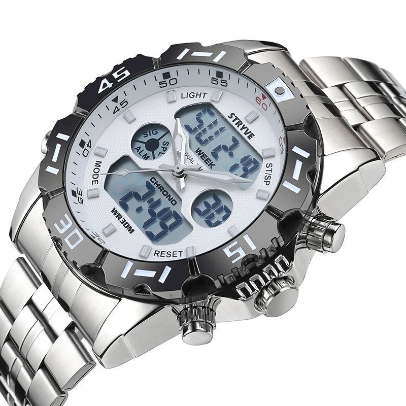 Stryve S8011 Chronograph Alarm Kalender Rustfritt Stål Sport Dual Display Digital Watch