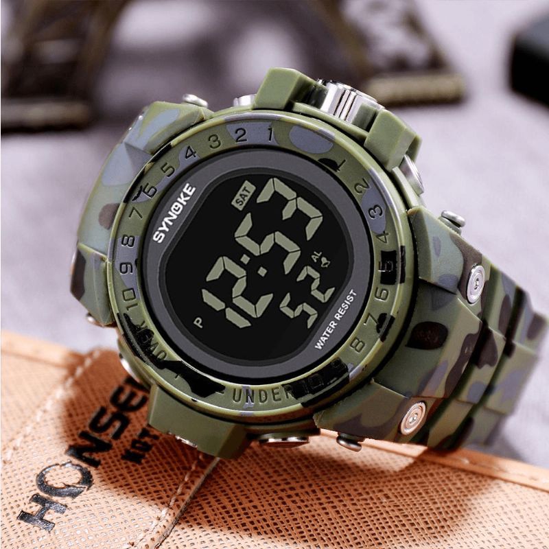 Synoke 9030 Mote Herreklokke Vanntett Uke Display Alarm El Light Camouflage Digital Watch