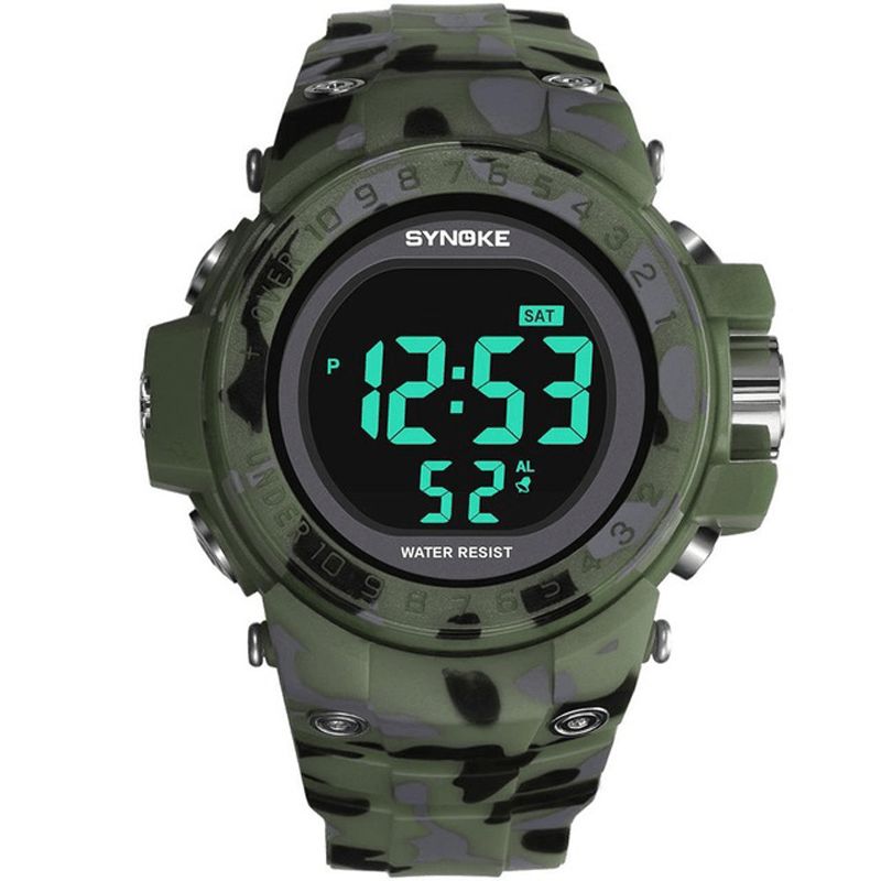 Synoke 9030 Mote Herreklokke Vanntett Uke Display Alarm El Light Camouflage Digital Watch
