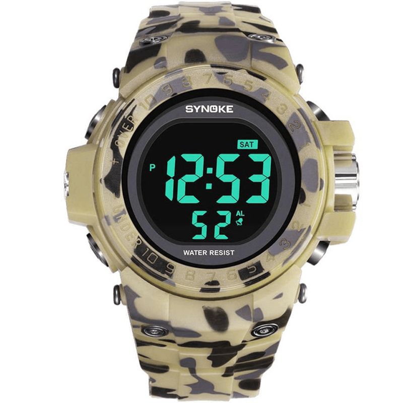 Synoke 9030 Mote Herreklokke Vanntett Uke Display Alarm El Light Camouflage Digital Watch