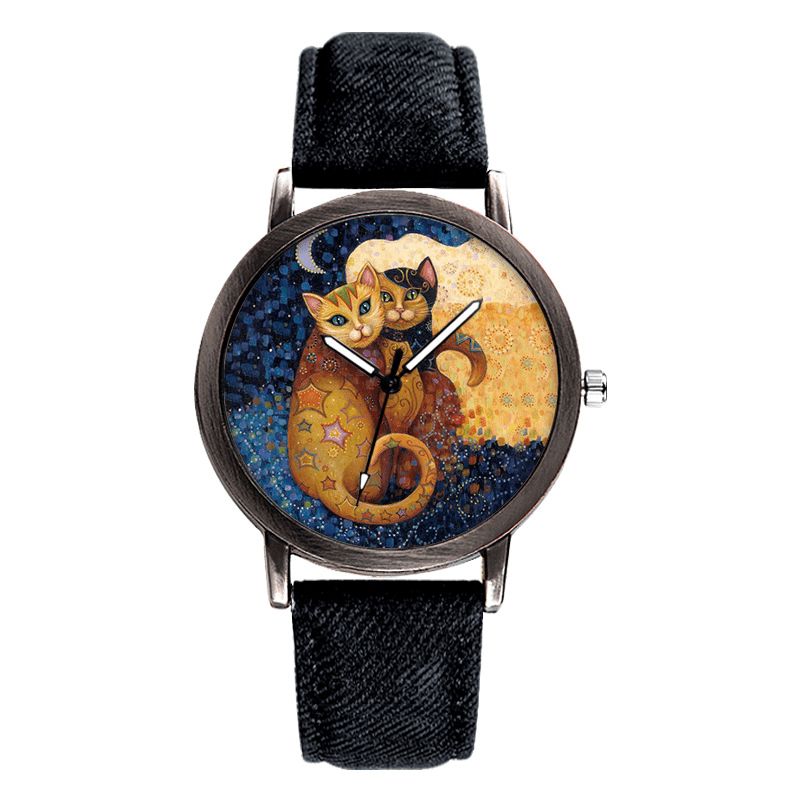 Temperament Cartoon Cat Blank Dial All-Match Denim Strap Dame Kvartsklokke Armbåndsur