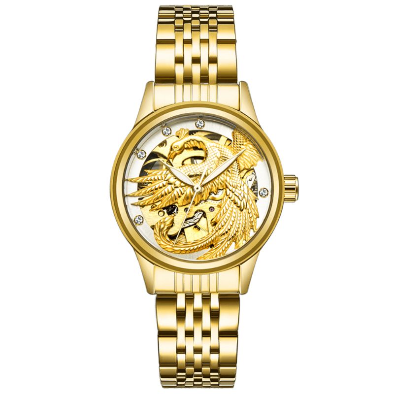 Tevise 9006 Mekanisk Klokke Herre Dame Hollow Dragon Phoenix Pattern Watch Rustfritt Stål Klokke