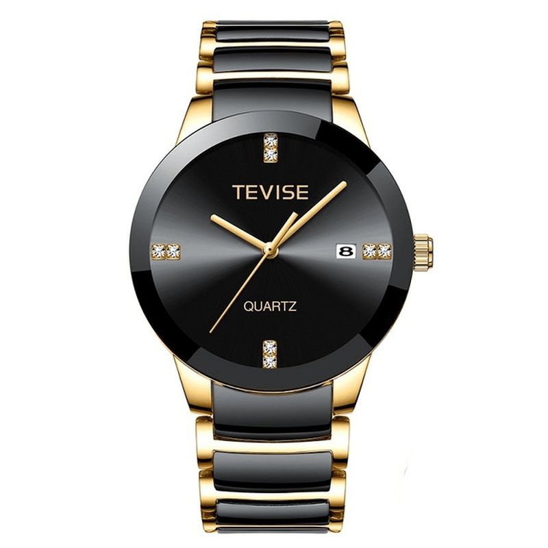 Tevise T845 Casual Style Menn Armbåndsur Dato Display Full Steel Band Kvartsklokke