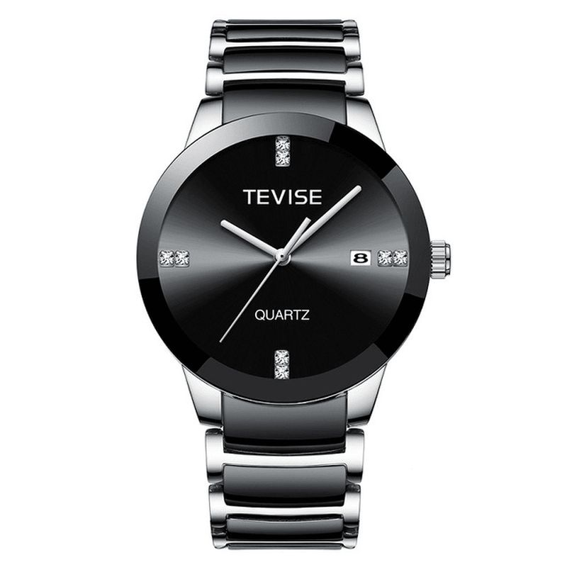 Tevise T845 Casual Style Menn Armbåndsur Dato Display Full Steel Band Kvartsklokke