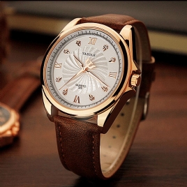 Yazole 325 Menn Crystal Rose Gold Case Leather Band Lysende Skjerm Kvartsklokke