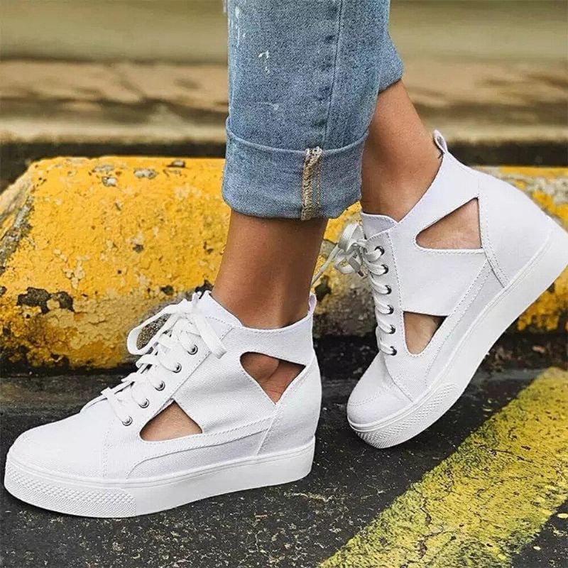 Kvinner Canvas Cut Out Wearable Hidden Increase Casual Flat Shoes