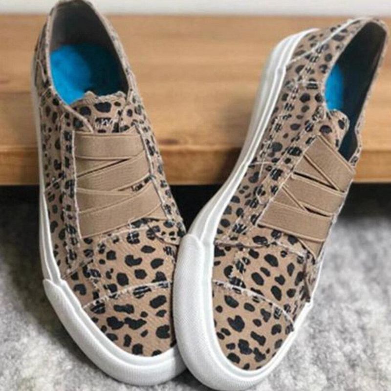 Woemn Leopard Printing Elastisk Band Casual Canvas Flat Sko