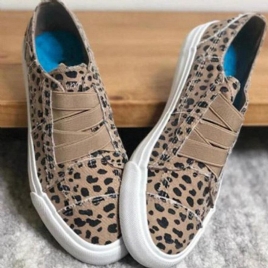 Woemn Leopard Printing Elastisk Band Casual Canvas Flat Sko