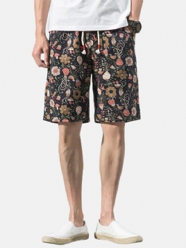 Bomull Menns Blomsterprint Lomme Med Snøring Casual Shorts